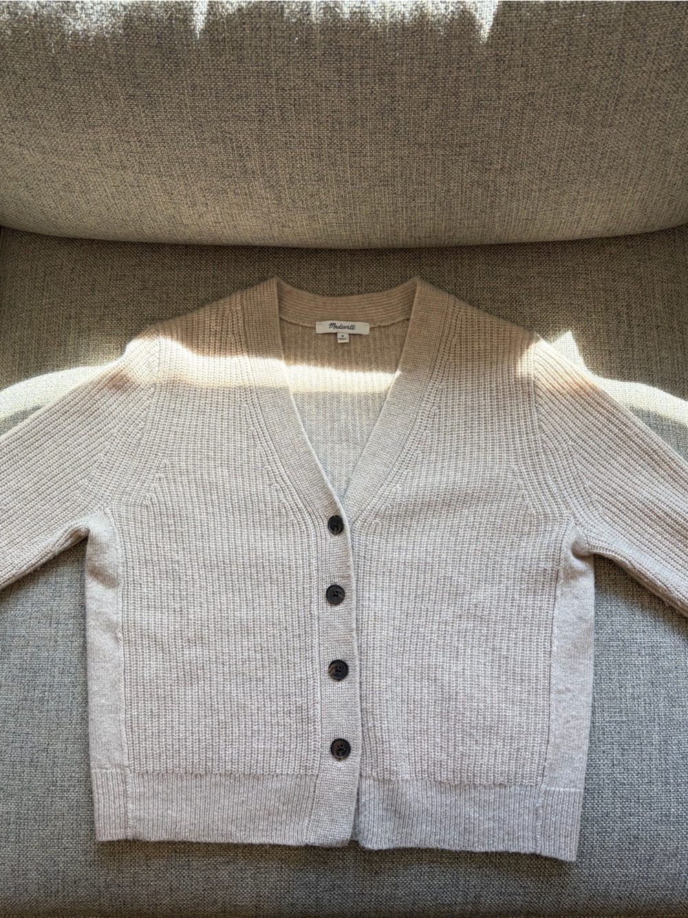 Madewell Wool Cashmere Cropped Taupe Ribbed V-Neck Button Cardigan